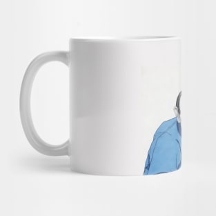 Old pensive asian man in blue shirt looking to side Mug